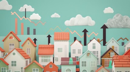 A picturesque, whimsical town with vibrant rooftops and a backdrop of animated charts and clouds, blending traditional charm with a playful modern twist.