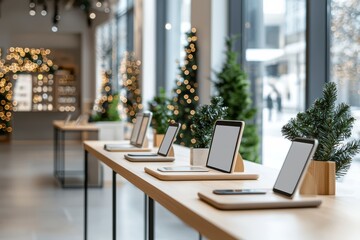 Modern retail store interior with tablets displayed on a long table, with Christmas trees in the background.