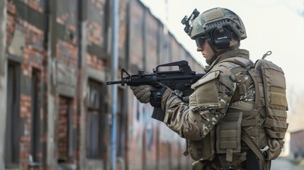 Obraz premium A soldier in full combat gear cautiously aims his rifle while standing beside a worn-down, graffiti-covered building.