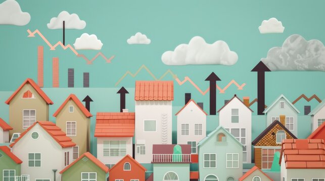 A picturesque, whimsical town with vibrant rooftops and a backdrop of animated charts and clouds, blending traditional charm with a playful modern twist.