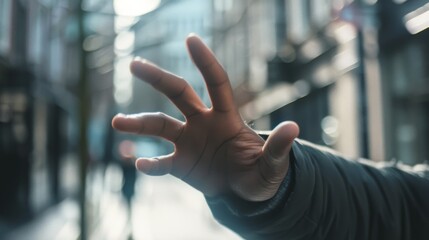 A close-up of a hand reaching out in a bustling, sunlit city street, capturing motion and energy of urban life in soft focus.