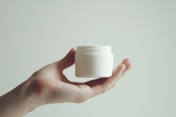 a hand holding white skin cream jar, close up, white background with shadow , ray of light