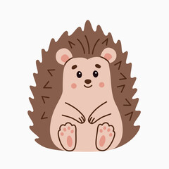 Flat style illustration of a cute hedgehog sitting happily Perfect for children designs, greeting cards, and digital projects Warm, friendly character suitable for various creative uses