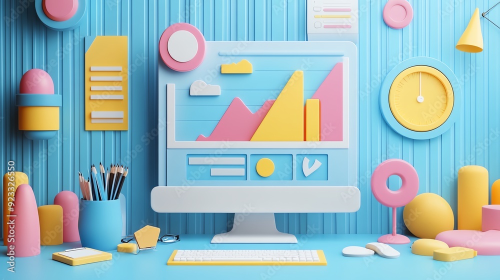 Poster Colorful 3D Abstract Desktop with Computer, Charts and Geometric Shapes.