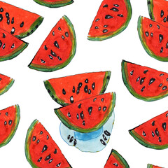 Hand drawn watercolor painting, seamless pattern. Slices of red watermelon on a white background