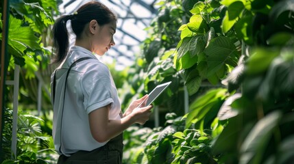 A woman uses a tablet while surrounded by lush green plants in a greenhouse, showcasing modern agricultural practices.