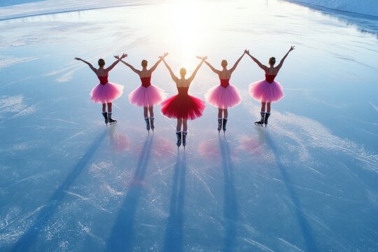 A group of ballet dancers in pink tutus performs a synchronized routine on an outdoor ice rink at sunset, combining elegance, grace, and the beauty of dance on ice.