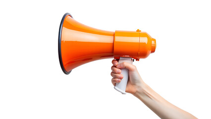 Orange megaphone in female hand on isolated background