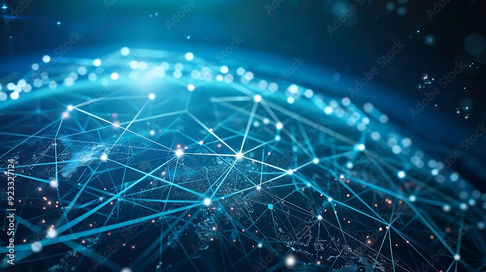 Poster abstract digital illustration depicting a global network connection with lines and dots representing