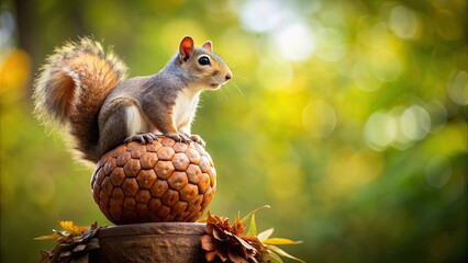 Fototapeta premium Squirrel happily perched on a giant acorn, squirrel, big, nut, cute, animal, rodent, fluffy, tree, autumn, forest, wildlife, nature