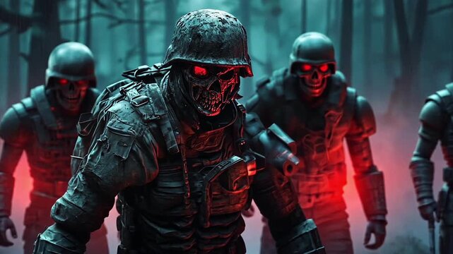 Pulling back from a squad of zombie soldiers with red eyes twitching in the dark forest for Halloween meme.