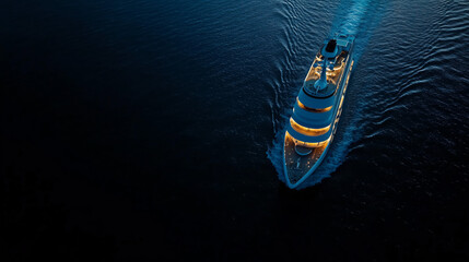 An overhead view of a luxury yacht cruising through calm dark water, leaving a smooth wake behind.