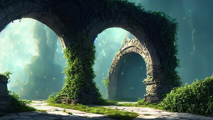Spectacular fantasy scene with a portal archway covered in creepers. In the fantasy world.