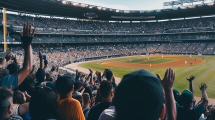 A packed baseball stadium full of enthusiastic fans, capturing the lively atmosphere of a thrilling sports event.