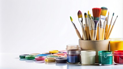 Studio set up with paintbrushes and various paint pots on a white background