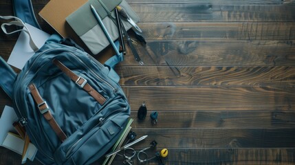 A neatly arranged setup featuring a blue backpack, notebooks, and various stationery on a rustic wooden floor, conveying readiness and organization.