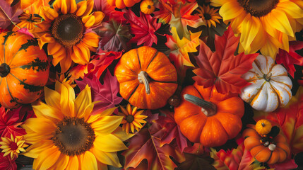 Vibrant autumn arrangement of pumpkins, sunflowers, and colorful leaves on a dark wooden surface. Concepts of fall, harvest, and seasonal decoration.