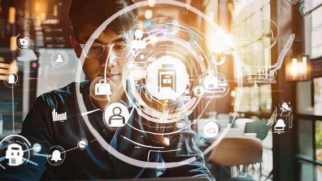 Navigating the Digital Marketplace: A young professional intently explores the world of online shopping, his face illuminated by the glow of a tablet displaying a vibrant interface of e-commerce icons