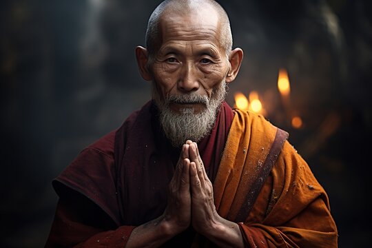 closeup portrait of an elderly male buddhist monk in an orange robe in a temple