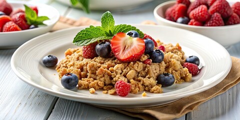 High protein breakfast crumble with fresh fruit on a white plate, breakfast, crumble, high protein, healthy, delicious