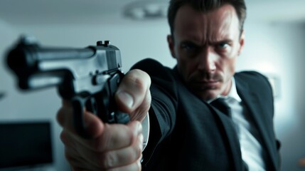 A stern man points a gun directly at the camera, capturing a tense and dramatic moment with intense emotion.