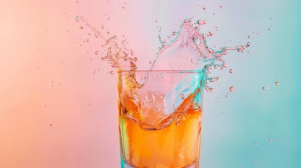 A refreshing splash of orange juice captured mid-air against a vibrant gradient background, showcasing energy and freshness.