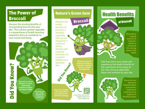 Bright flyers about the health benefits of broccoli, demonstrating its nutritional value and interesting facts. - Powered by Adobe