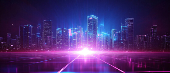 Fototapeta premium Futuristic Cityscape with Neon Lights and Grid Pattern