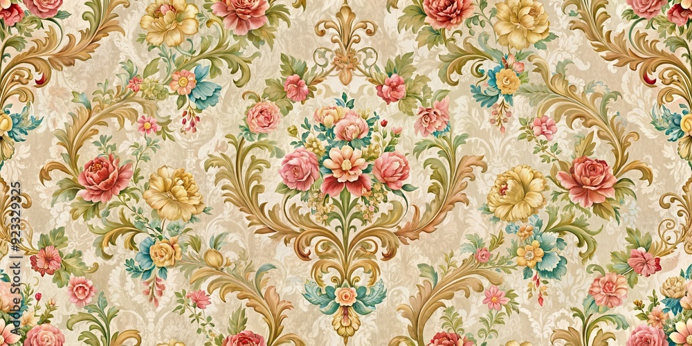 Poster Seamless floral pattern with damask, baroque, rococo, and Victorian motifs on a textured background, floral, seamless