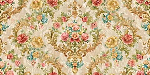 Seamless floral pattern with damask, baroque, rococo, and Victorian motifs on a textured background, floral, seamless