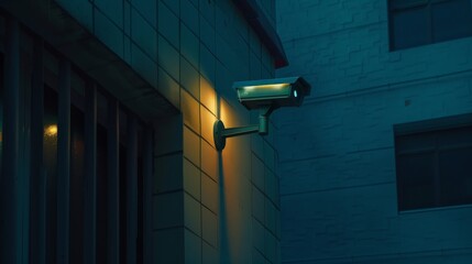 A security camera mounted on the exterior of a building at night, highlighted by a dim, atmospheric light casting a vigilant gaze over the area.