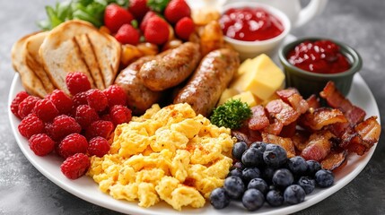 Brunch Platter with Fluffy Scrambled Eggs, Crispy Bacon, Sausage Links, Roasted Potatoes, Fresh Berries, Toast, and Spreads