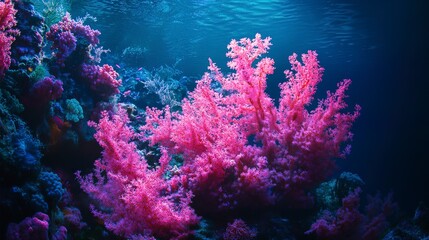 Vibrant Coral Ecosystem. Radiant pink coral branching out in deep blue waters.