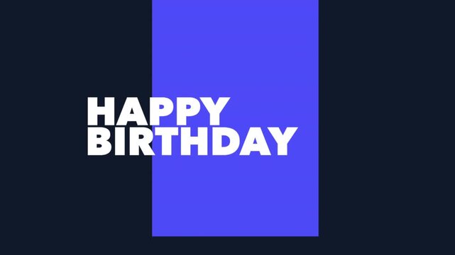 A minimalist birthday card featuring a blue and white striped background with bold black letters spelling out Happy Birthday in a modern font