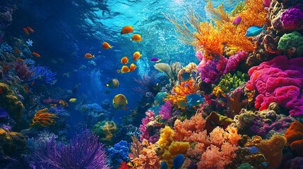 A vibrant coral reef with diverse marine life swimming among colorful corals