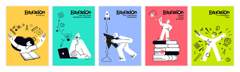 Fototapeta na wymiar Education. Set of vector illustration posters and banners of education, learning, back to school, reading book, online course and training, distance education and e-learning.