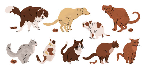 Set with pooping dogs and cats. Keeping and walking pets. Responsibility for your pet and the environment. Vector cartoon illustration isolated on transparent background.