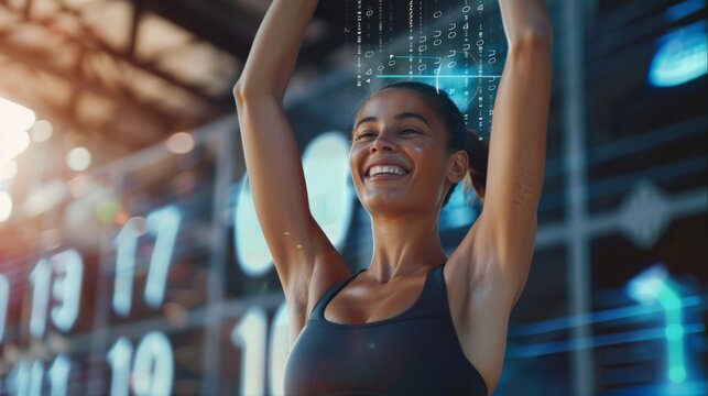 A joyful individual celebrating a fitness achievement, with computer code overlay in a futuristic gym environment, symbolizing the blend of sports and technology.