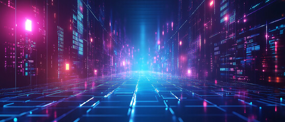 Futuristic Digital Cityscape with Neon Lights and Grid Pattern