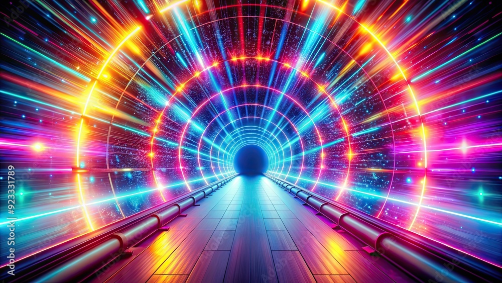 Poster Vibrant light tunnel leading a captivating traveler on a cosmic journey, cosmic, journey, traveler, vibrant, light