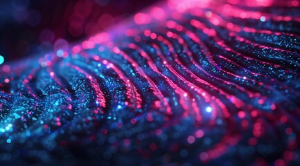 A closeup of an illuminated digital fingerprint, with vibrant pink and blue colors, advanced biometric security technology.