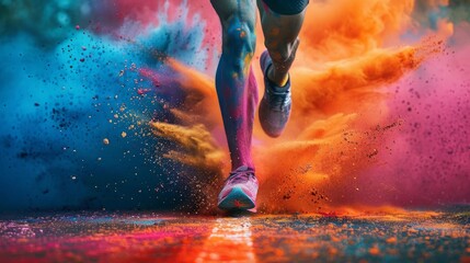 Legs of a running athlete close-up surrounded by colorful powder explosions