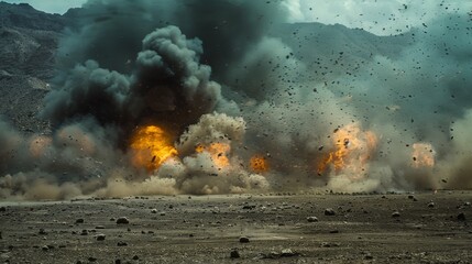 A powerful explosion erupts in a barren landscape, with fiery blasts and dark smoke clouds filling the sky.