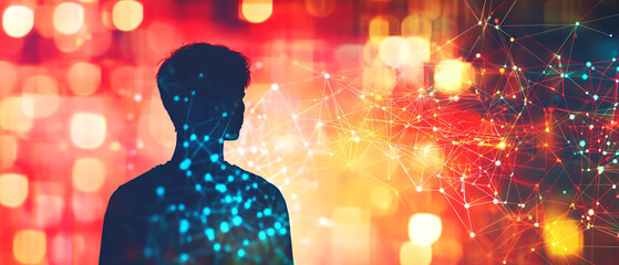 Silhouette of a Person with Abstract Connections and Bokeh Lights, Silhouette of a Person with Abstract Connections and Bokeh Light
