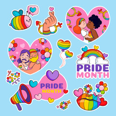 Pride month colorful hand drawn sticker set