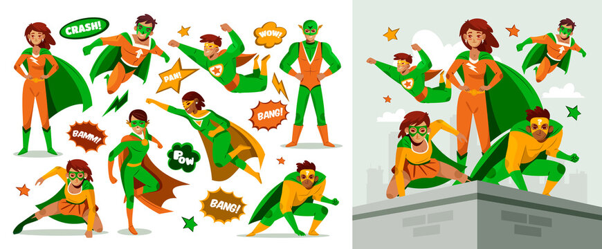 Fototapeta Superhero hand drawn cartoon set