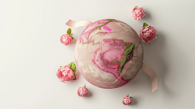 Earth's Embrace: A beautiful representation of our planet, adorned with delicate pink floral accents and a soft ribbon, symbolizing care, love, and environmental consciousness.