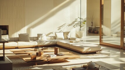 A sunlit, contemporary living room with cozy white sofas, minimalist decor, and a serene atmosphere, perfect for peaceful relaxation.