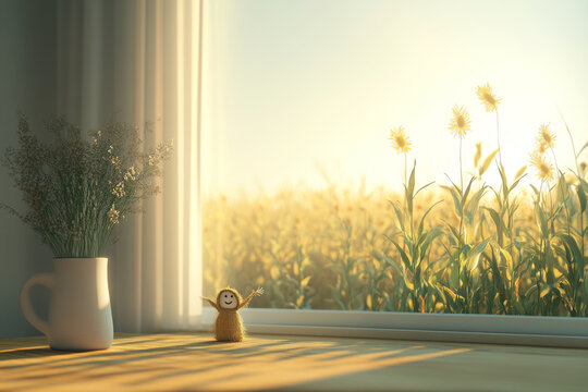 3D render of a cute toy doll standing on a table, with a vase of sunflowers in front of it. A large window in the background shows a beautiful meadow and sunset.