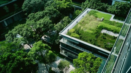 An aerial view of a modern building with a lush green rooftop garden surrounded by numerous trees.